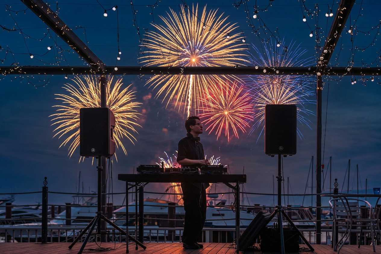 花火をバックにDJパフォーマンス